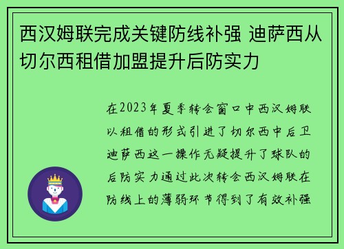 西汉姆联完成关键防线补强 迪萨西从切尔西租借加盟提升后防实力