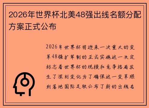 2026年世界杯北美48强出线名额分配方案正式公布